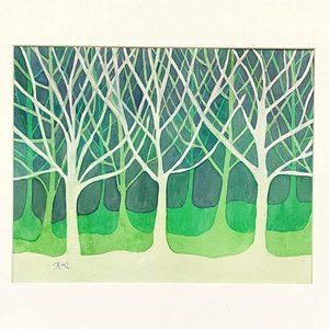 PAINTING WATERCOLOR ART TREES SUMMER LANDSCAPE 11X14 GREEN PURPLE BLUE 16X20 MAT